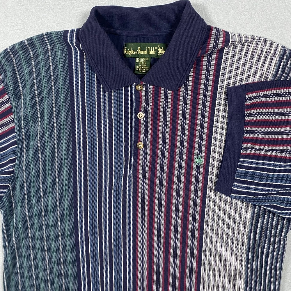 Knights of Round Table Mens Large Polo Shirt Multi Color Vertical Stripe Navy L